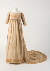 Oranžovožluté bavlněné šaty s potiskem, s motivem šišky nebo patky, 1800 (bavlna)